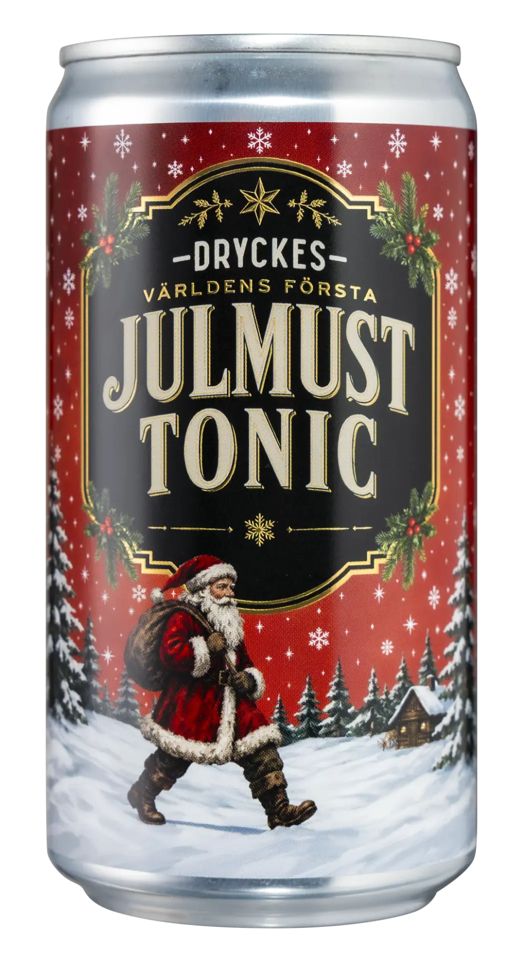 DRYCKES Julmust Tonic 250 ml med röd vinteretikett, svart guldram, granris och tomte i snölandskap